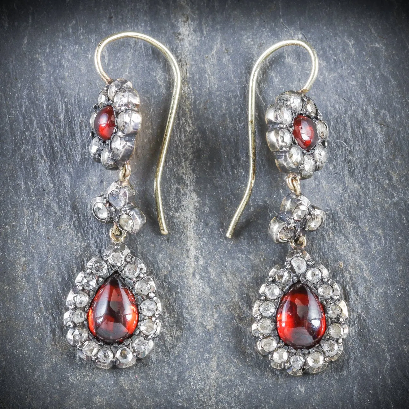Garnet And Diamond Earrings Double Drop 18Ct Gold