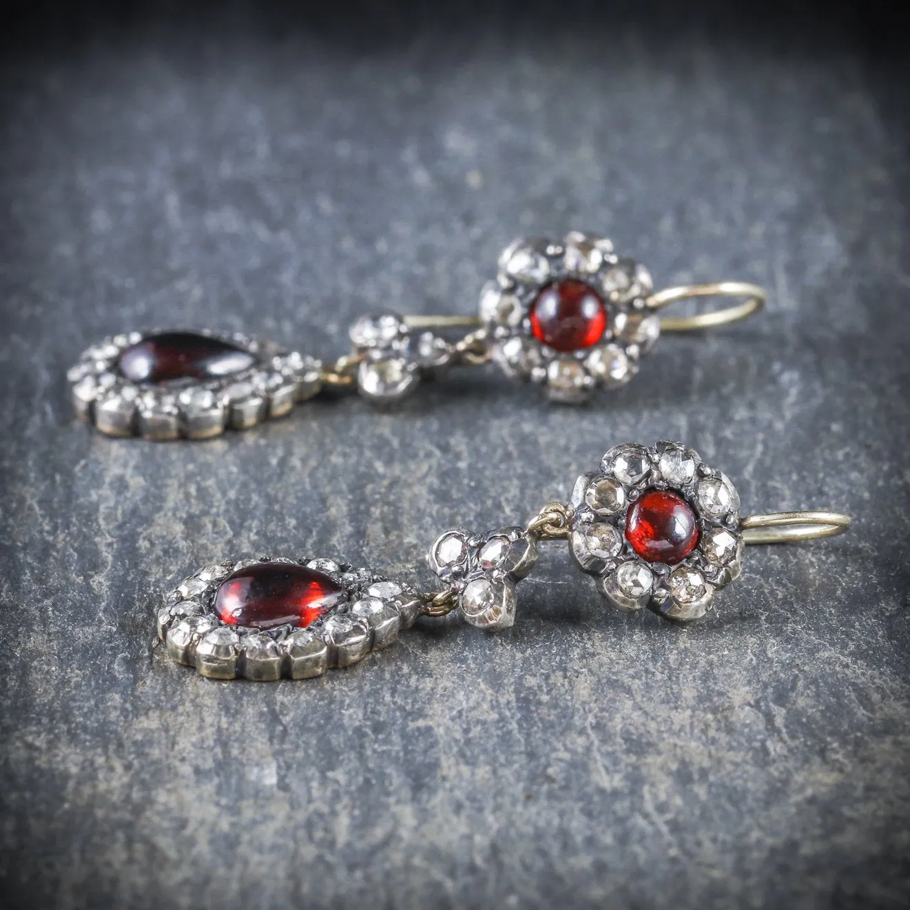 Garnet And Diamond Earrings Double Drop 18Ct Gold