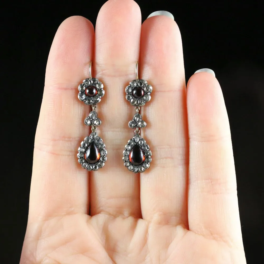 Garnet And Diamond Earrings Double Drop 18Ct Gold