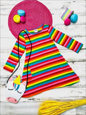 Girls Striped Rainbow Long Sleeve Pocket Dress with Unicorn Crossbody Purse