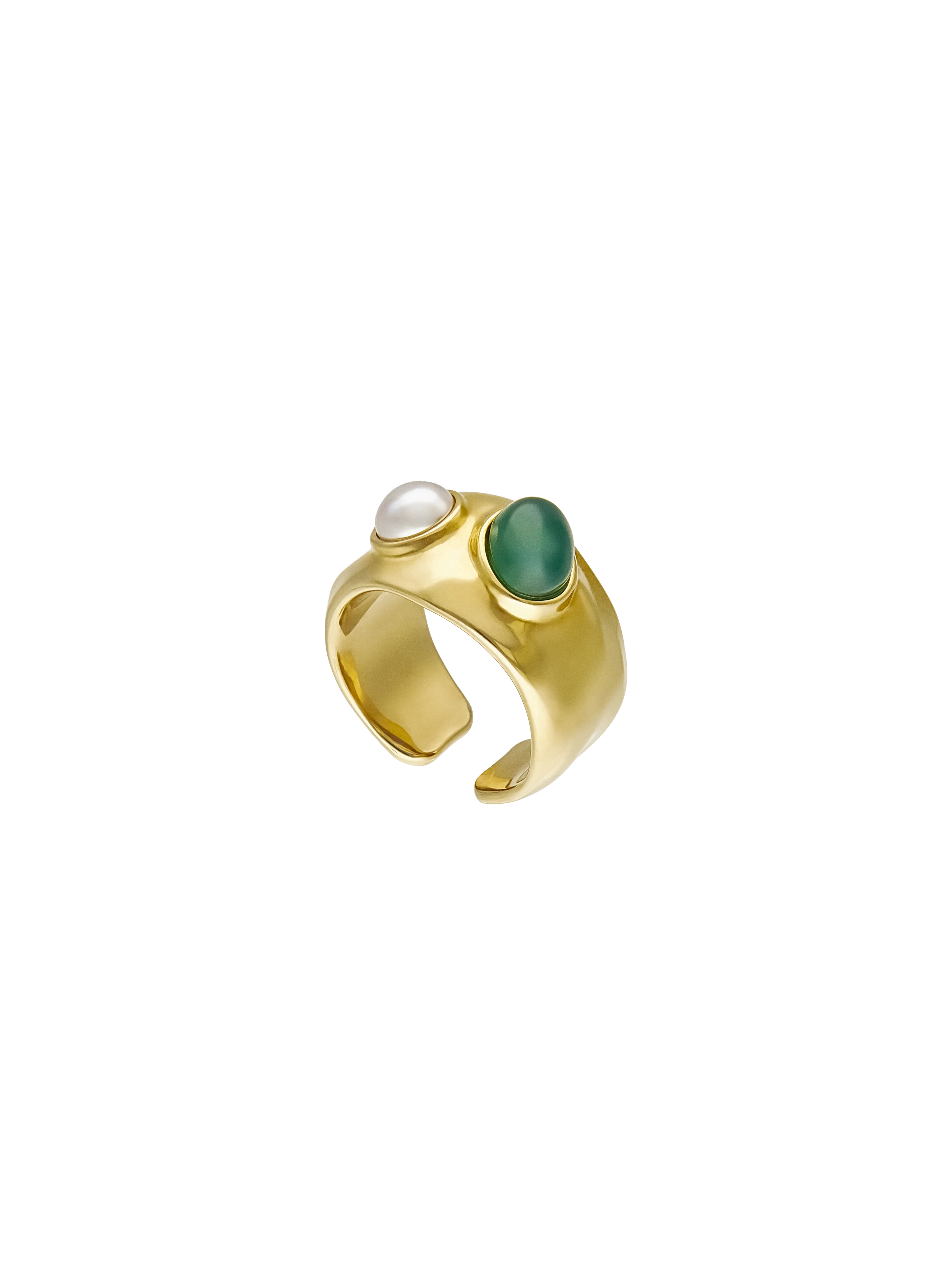 Gold Plated Sterling Silver Earcuff Earring for Women with Organic Simulated Pearl and Green Agate, 4mm Half Ball White Pearl, Feme Collection