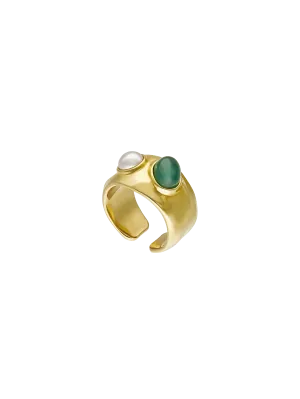 Gold Plated Sterling Silver Earcuff Earring for Women with Organic Simulated Pearl and Green Agate, 4mm Half Ball White Pearl, Feme Collection