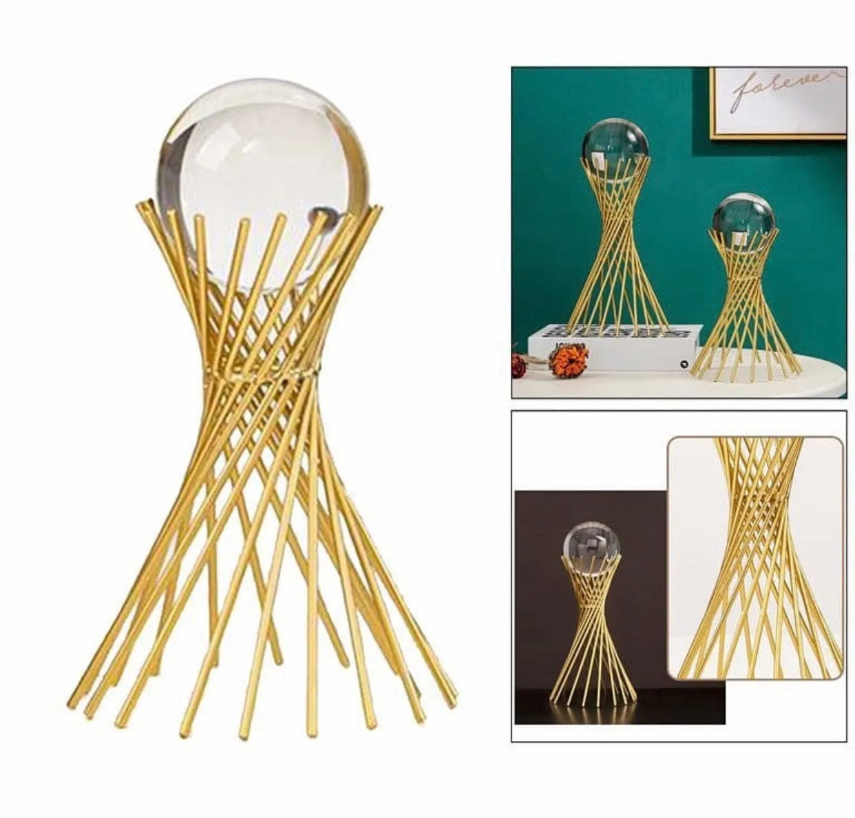 Golden Iron Crystal Ball With Geometric Metal Brass Stand, Ornament Desk Statue Sculptor Decor