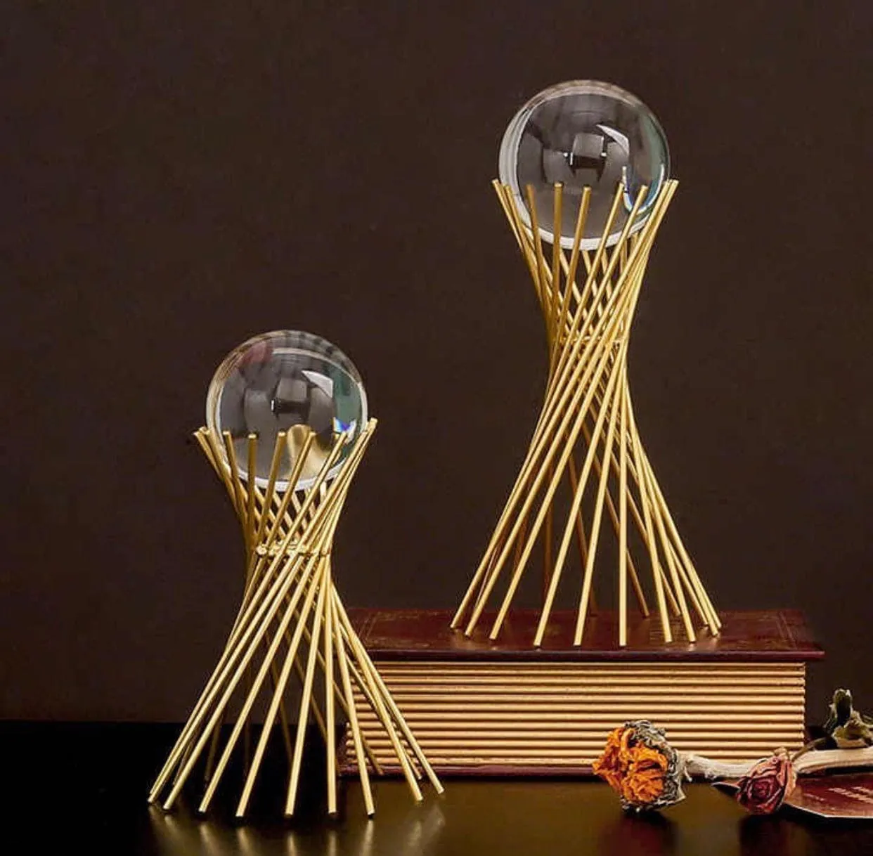 Golden Iron Crystal Ball With Geometric Metal Brass Stand, Ornament Desk Statue Sculptor Decor