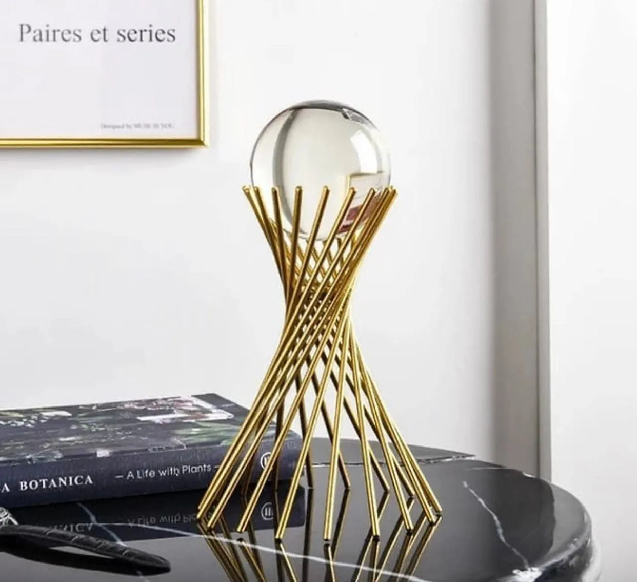 Golden Iron Crystal Ball With Geometric Metal Brass Stand, Ornament Desk Statue Sculptor Decor