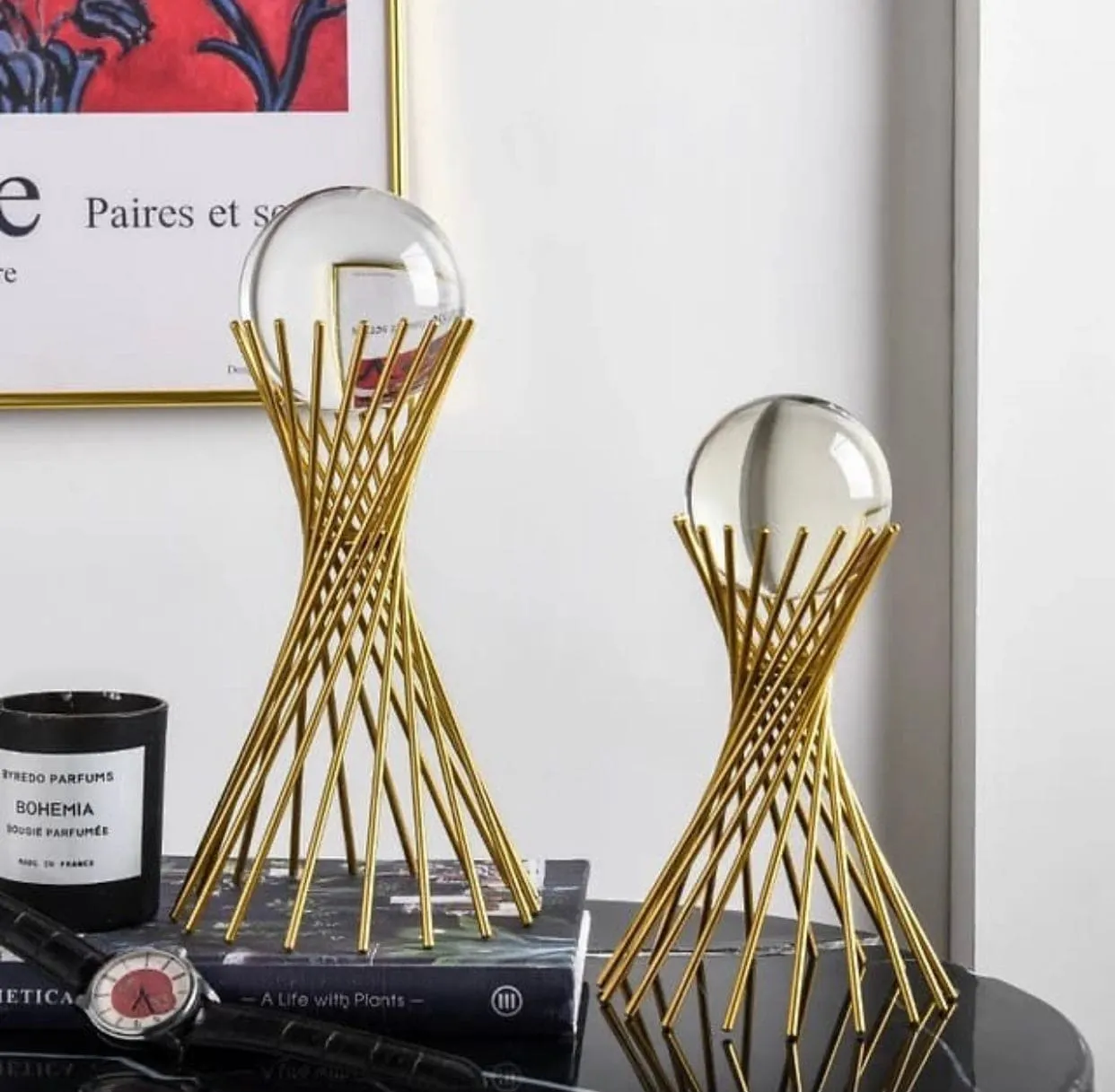 Golden Iron Crystal Ball With Geometric Metal Brass Stand, Ornament Desk Statue Sculptor Decor
