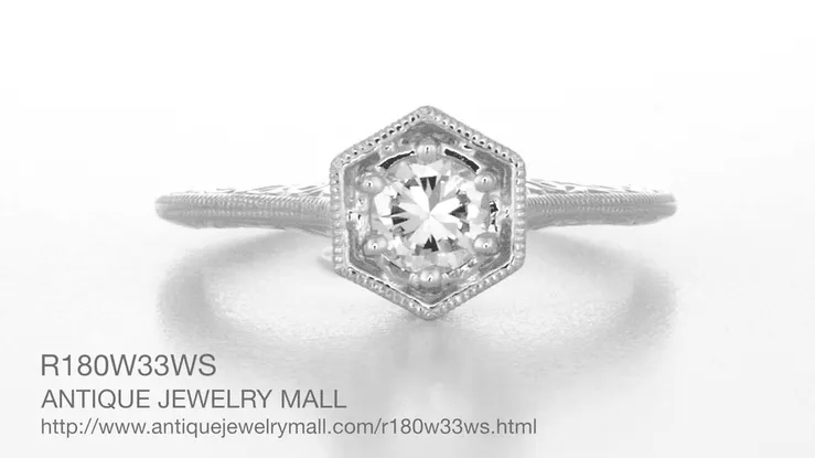 Hexagon Art Deco White Sapphire Filigree Engagement Ring in 14K White Gold