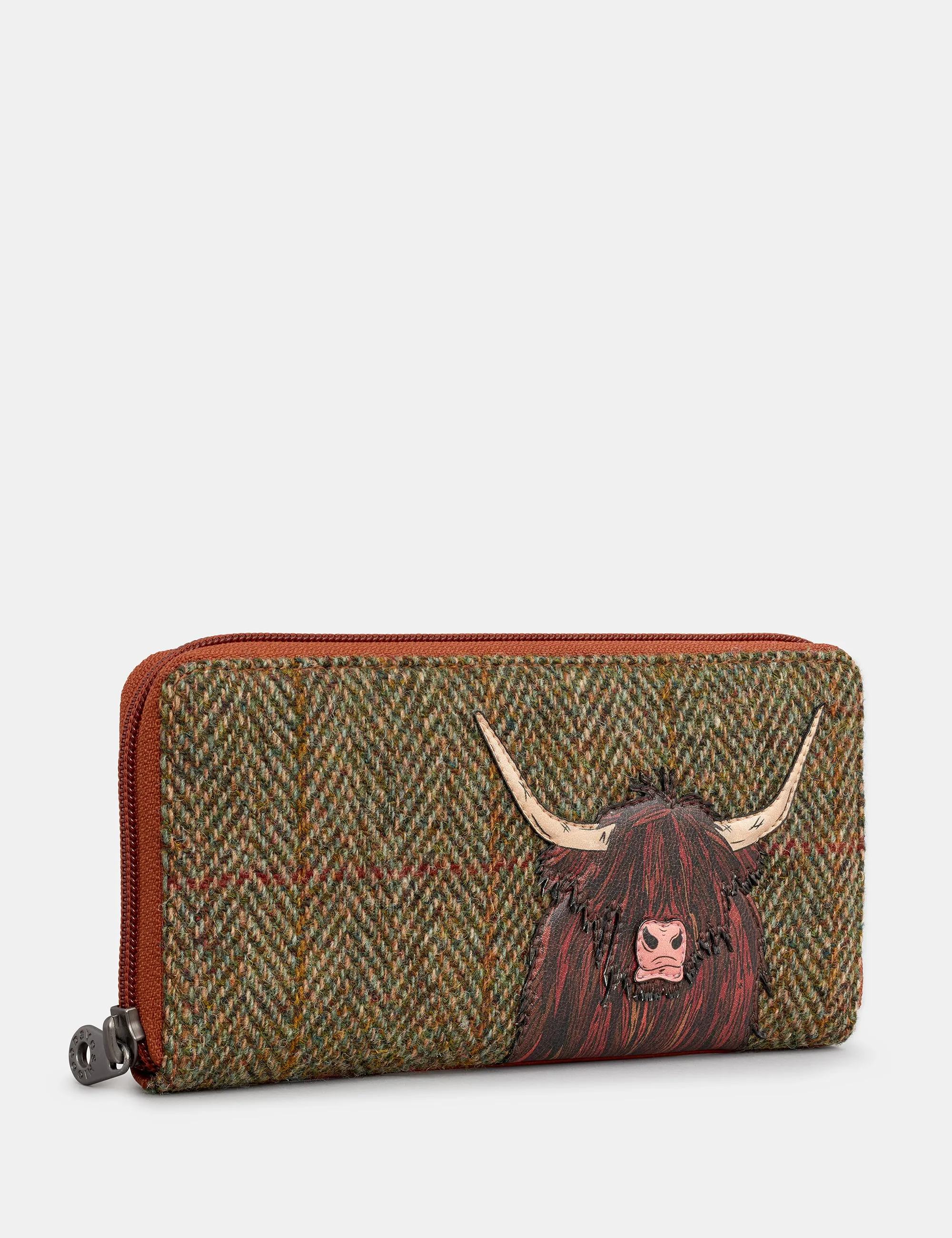 Highland Cow Harris Tweed & Brown Leather Zip Round Purse