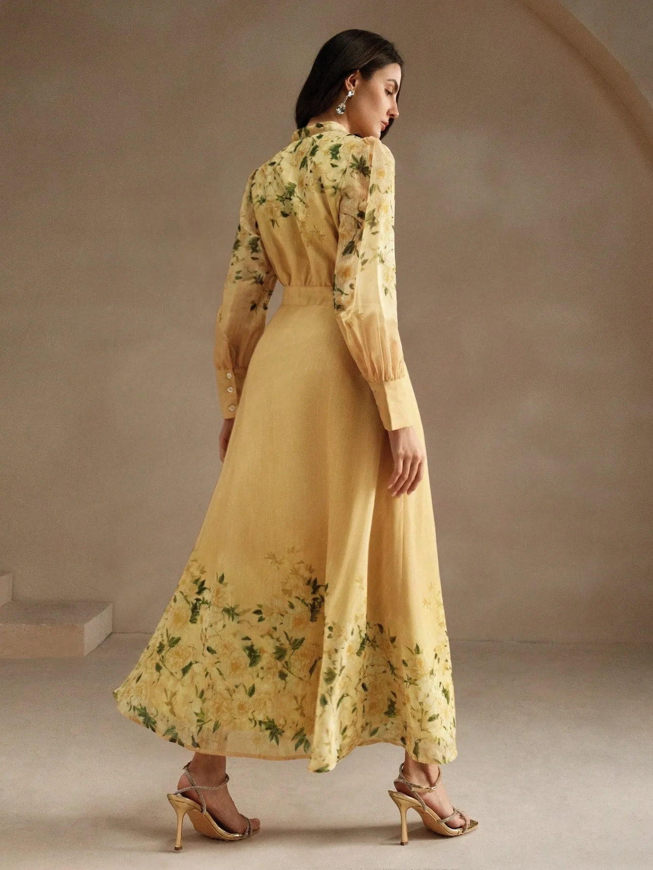 Isabella Mandarin Collar Lantern Sleeve Yellow Floral Print Elegant Vacation Dress