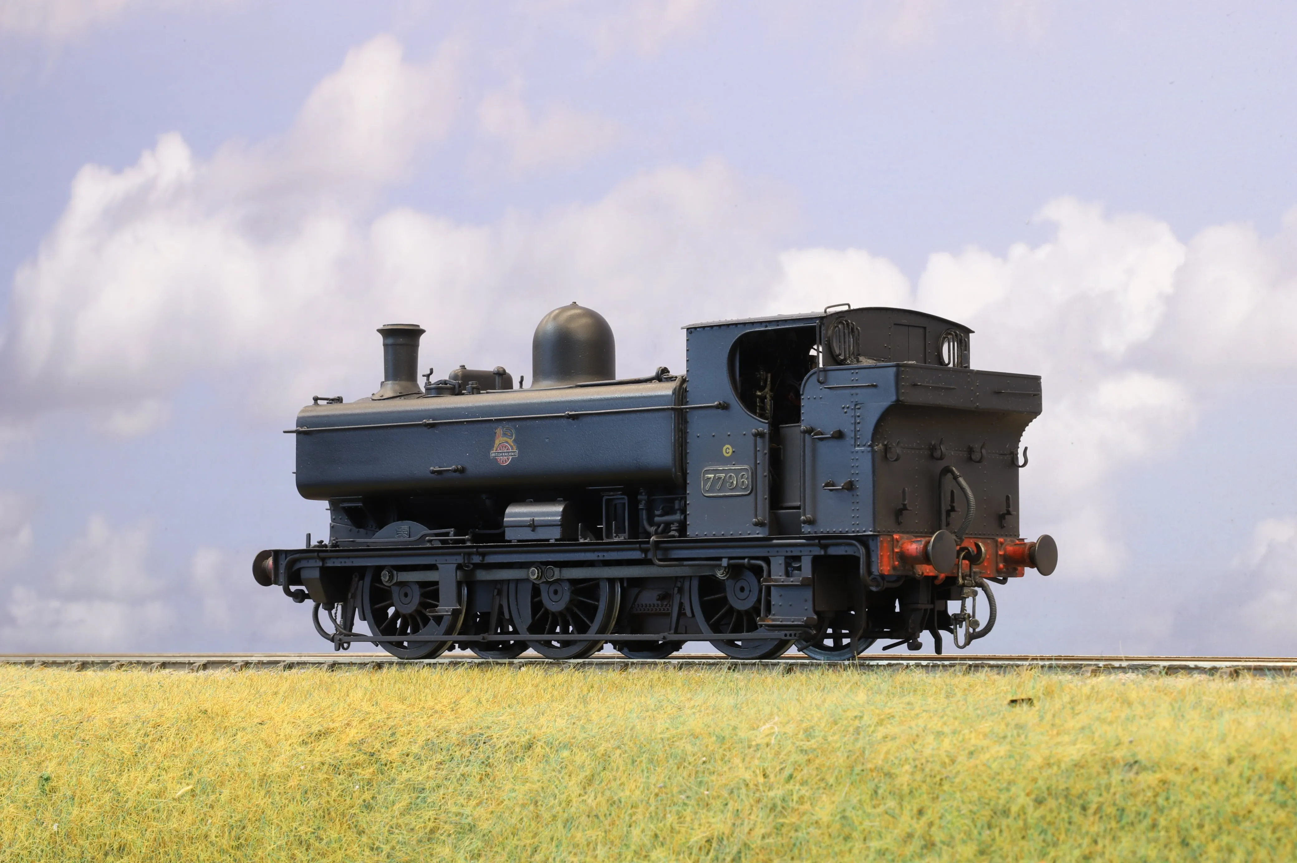 JLTRT Kit-built Finescale O Gauge ex-GWR Pannier No.7796, BR Black Early Crest, Weathered