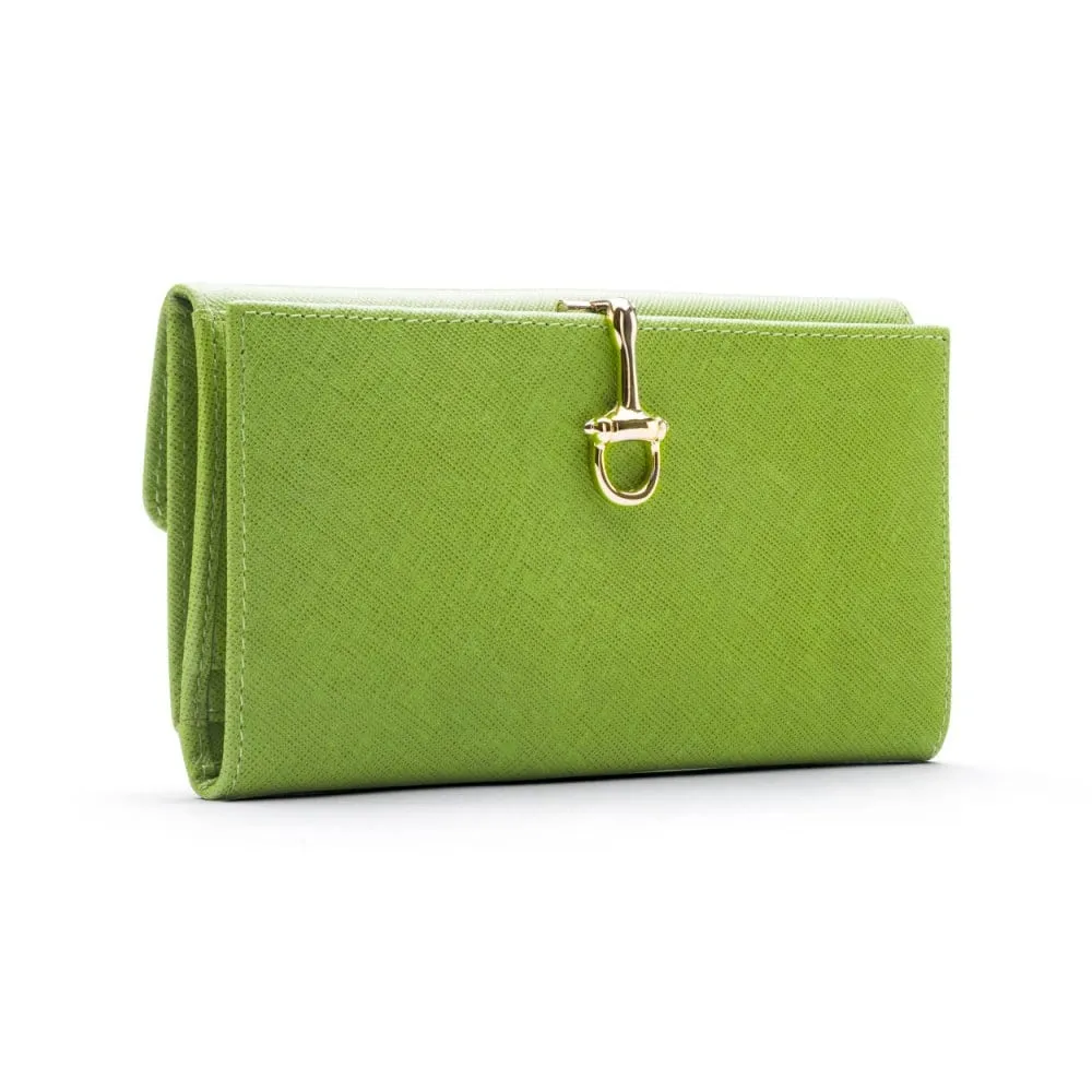 Ladies Tall Leather Purse With Brass Clasp 8 CC - Lime Green