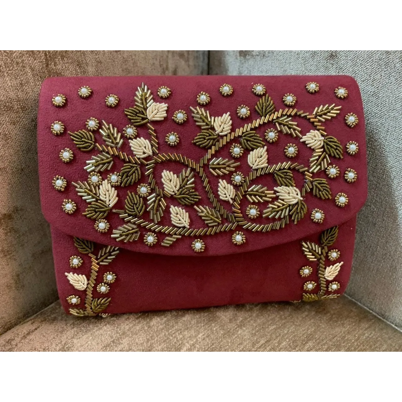 Laila Red Beaded Floral Clutch Purse