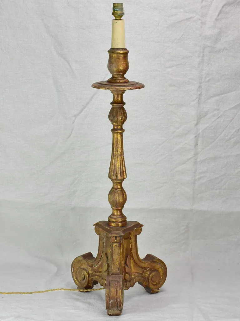 Large antique French candlestick lamp base with gold patina 28¾"