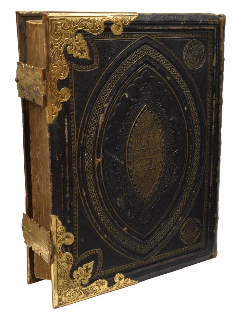 Large Ornate Antique English Brass and Leather Bible!!