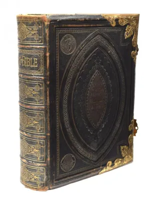 Large Ornate Antique English Brass and Leather Bible!!