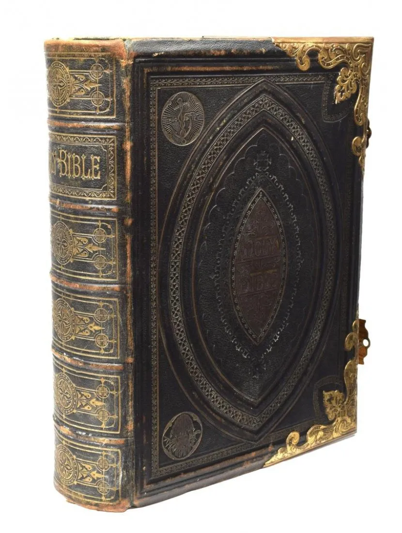 Large Ornate Antique English Brass and Leather Bible!!