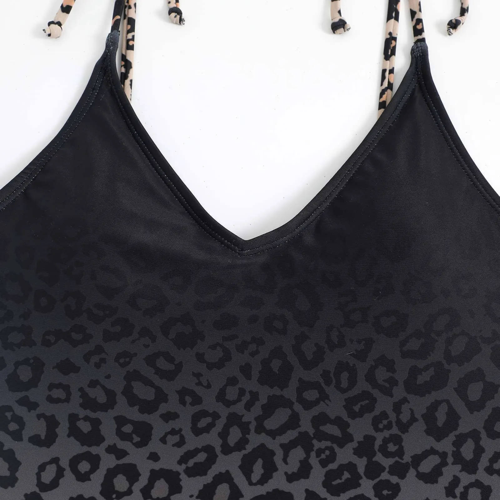 Leopard print self tie backless v neck gradient one piece swimwear