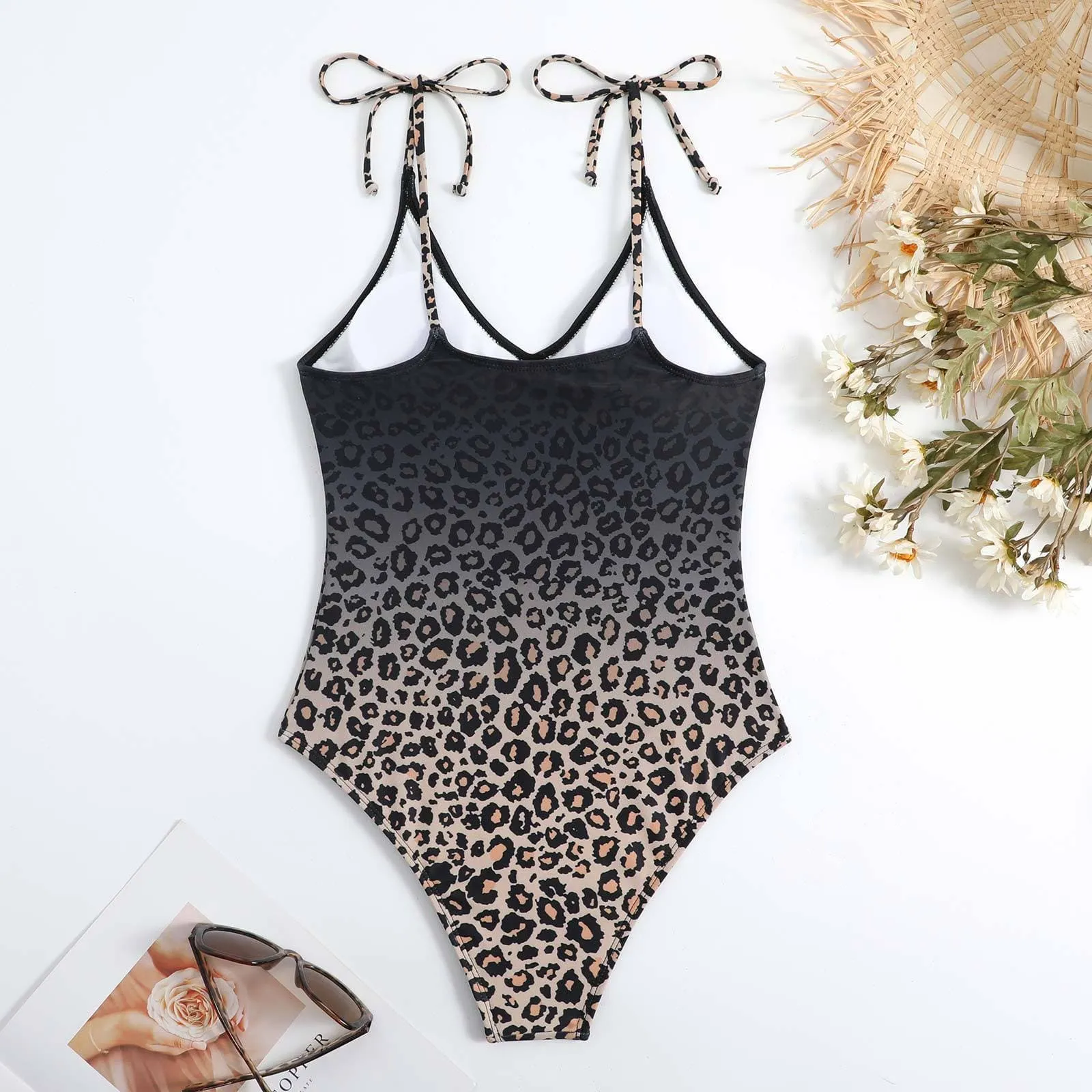 Leopard print self tie backless v neck gradient one piece swimwear