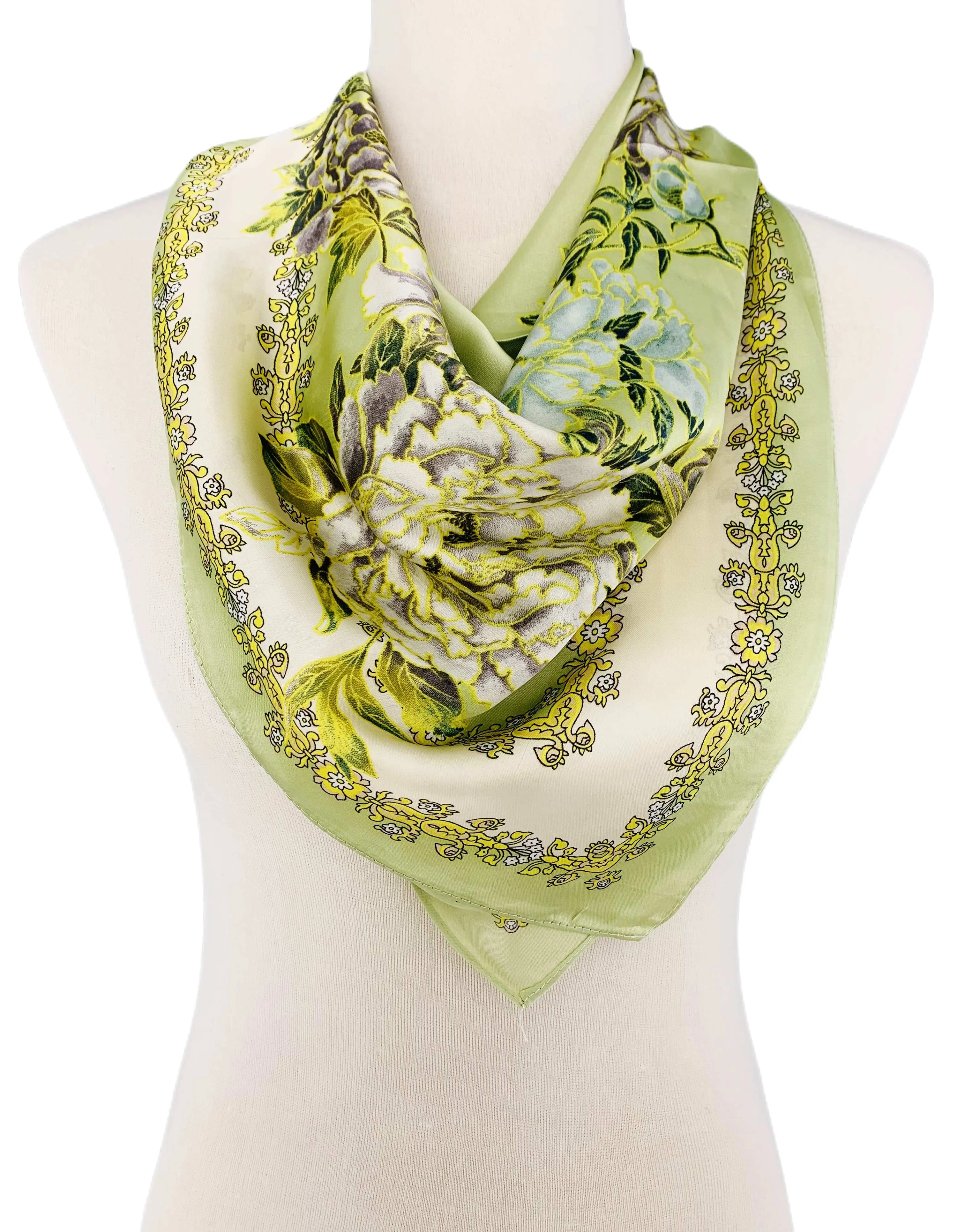 Luxurious Silk-Feel Square Scarf Green Peony