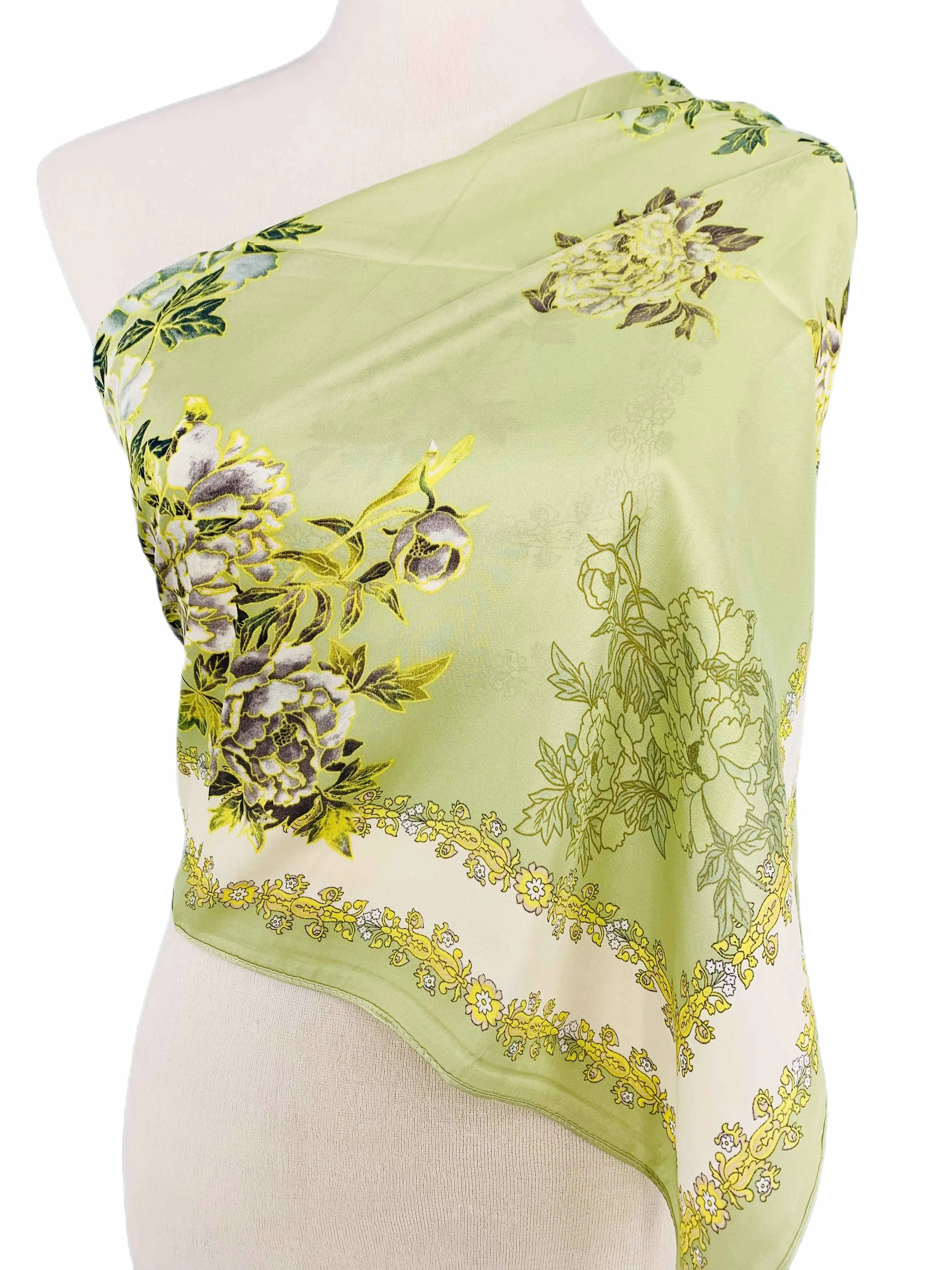 Luxurious Silk-Feel Square Scarf Green Peony