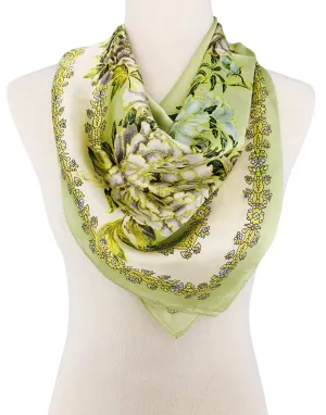 Luxurious Silk-Feel Square Scarf Green Peony
