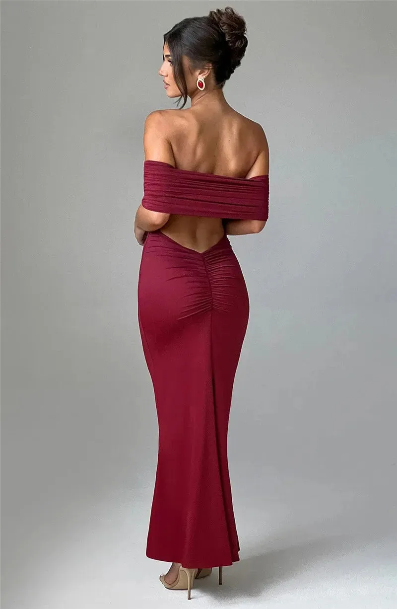 Mermaid Off-Shoulder Backless Gown - Ruched for Evening Glamour