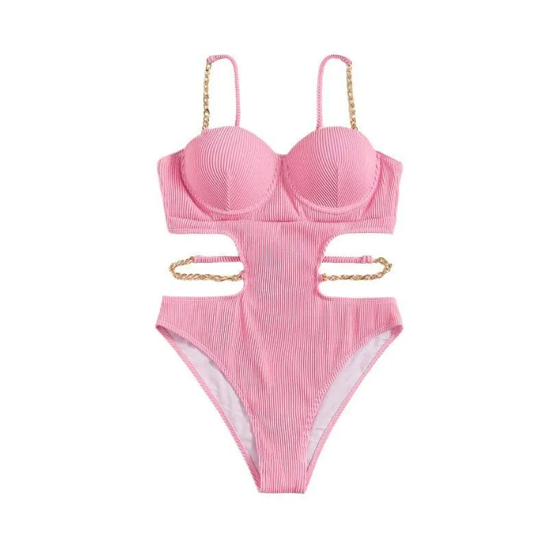 Metal chain button padded solid self tie one piece swimwear