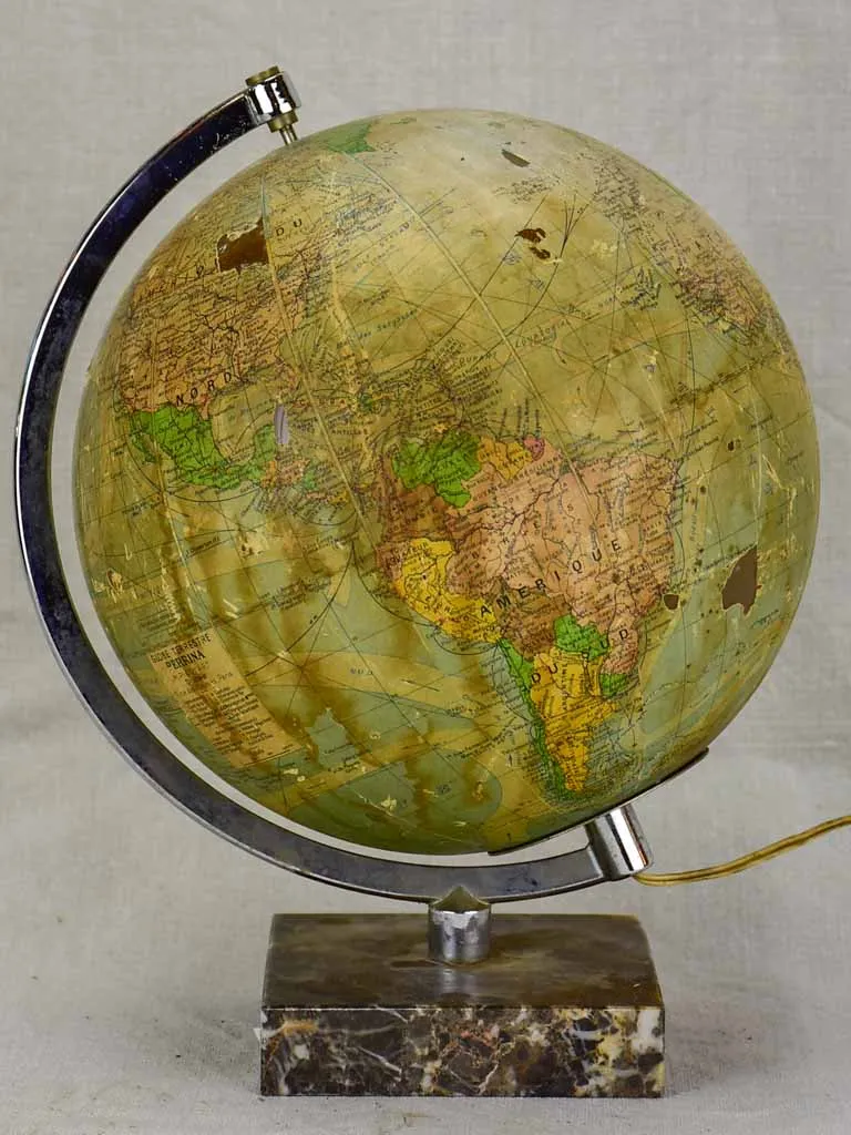Mid century French world globe lamp with marble base