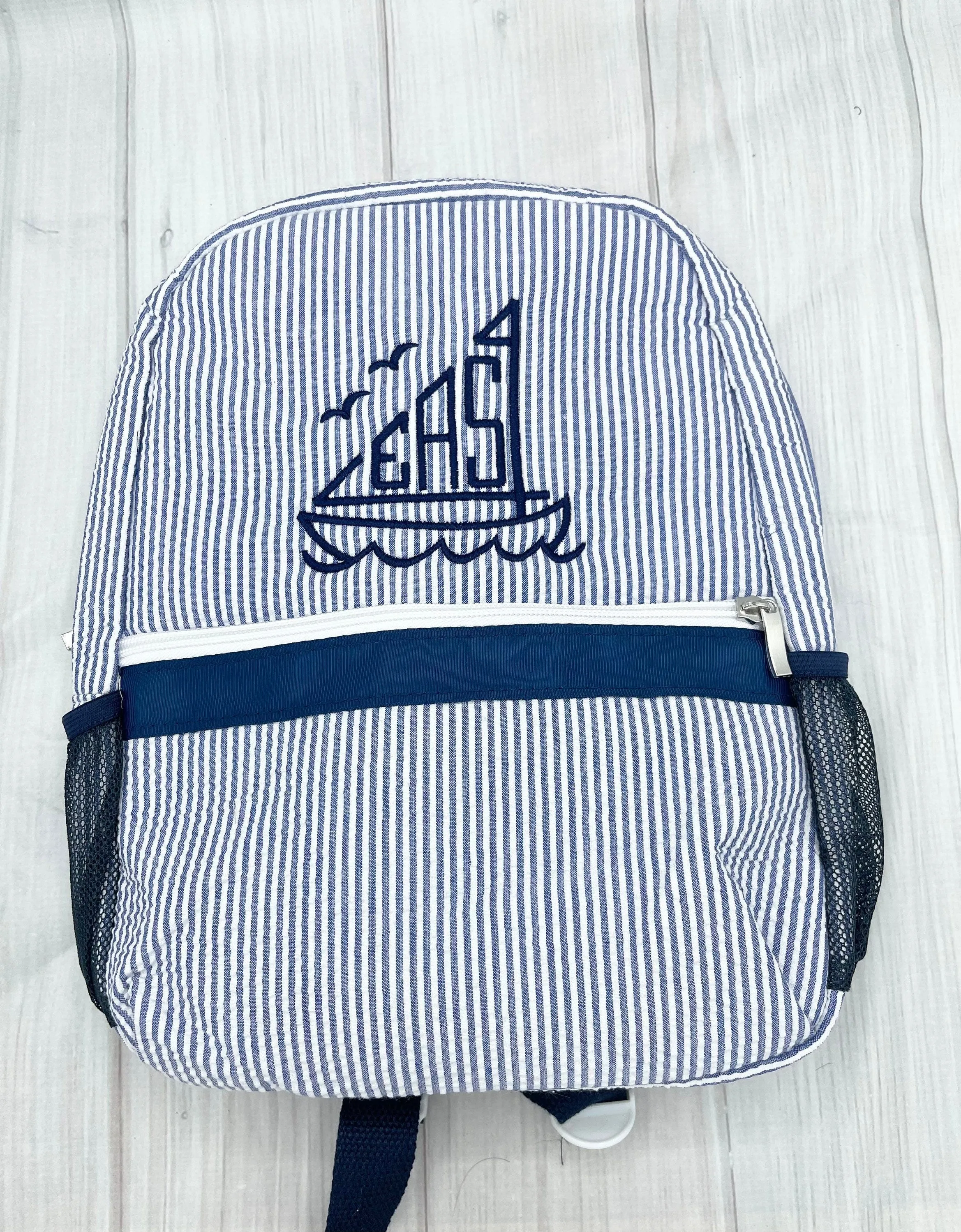 Monogrammed Sailboat Kids Seersucker Backpack