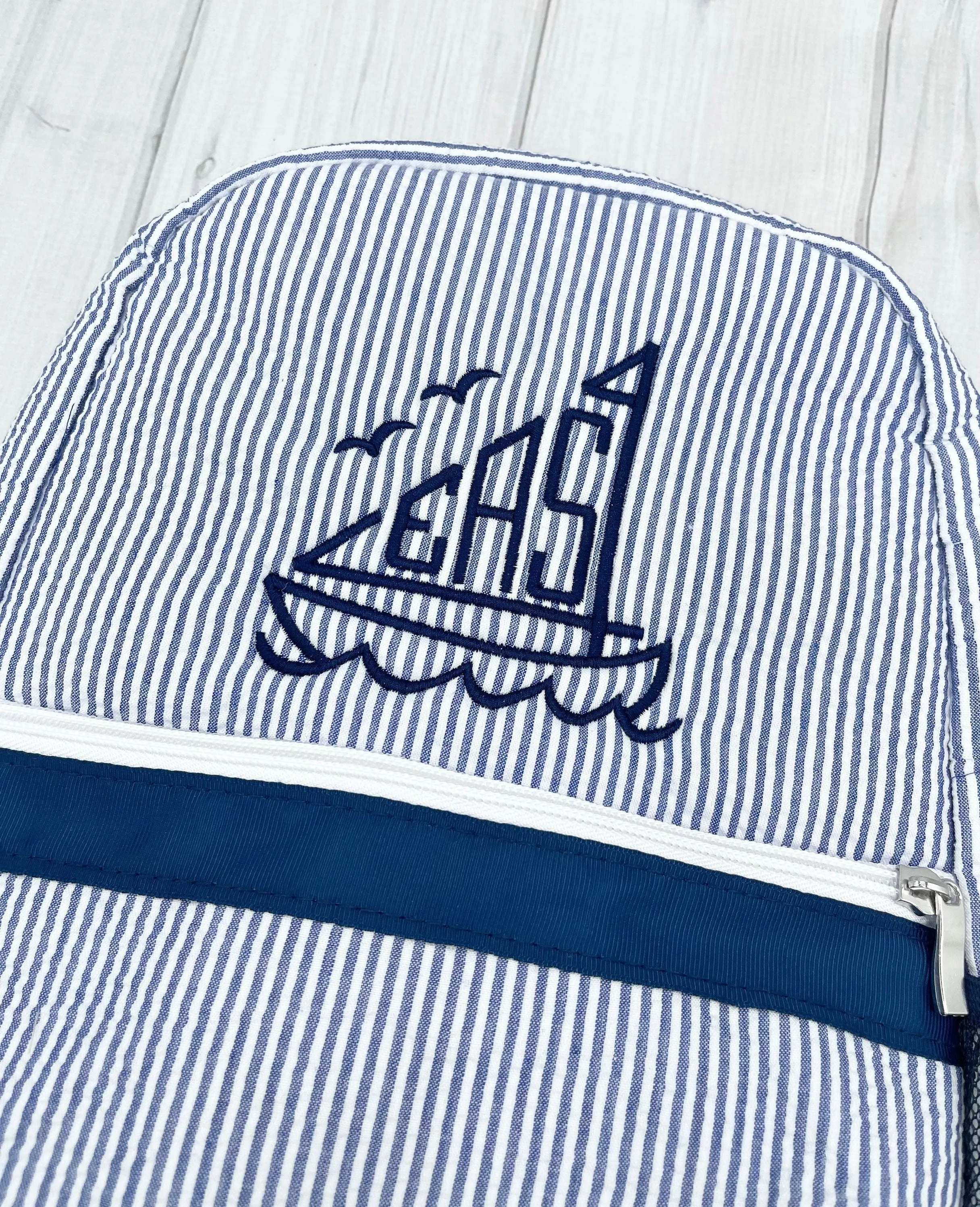 Monogrammed Sailboat Kids Seersucker Backpack