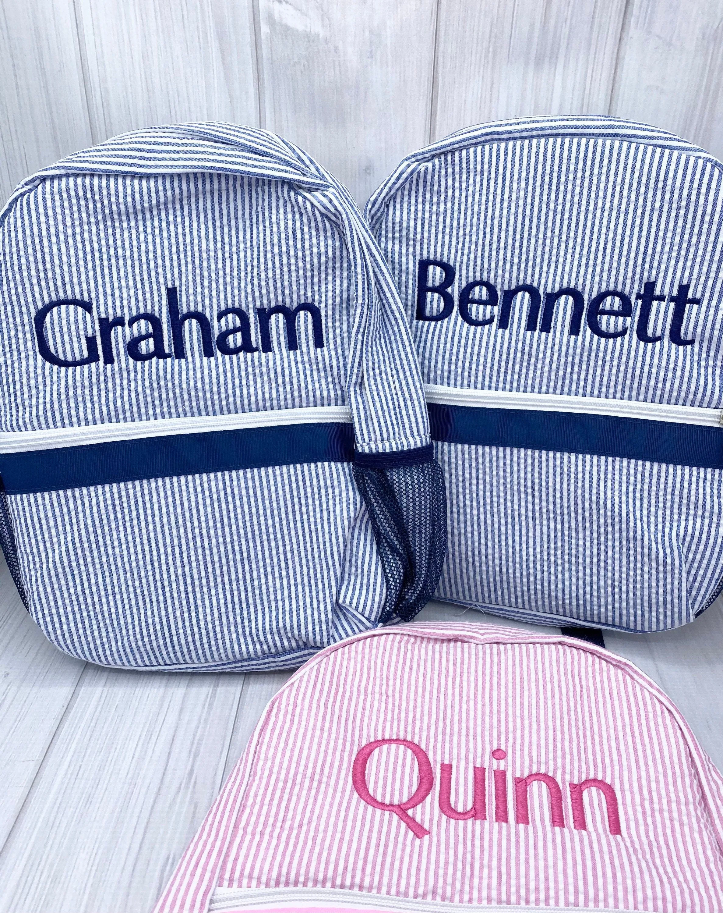Monogrammed Seersucker Backpacks