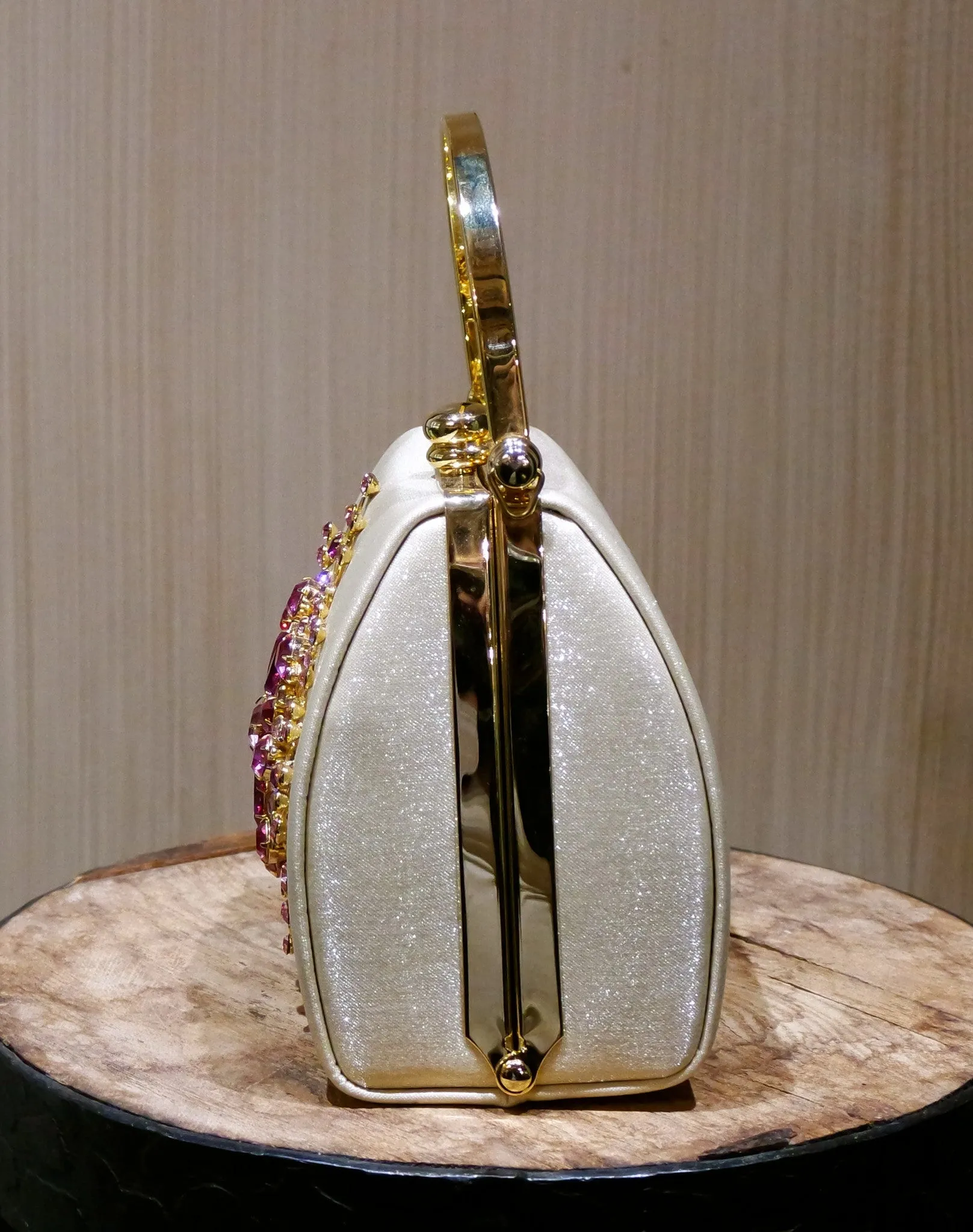 Moo Roo Golden Silk Purse with Pink Crystal Embellishment