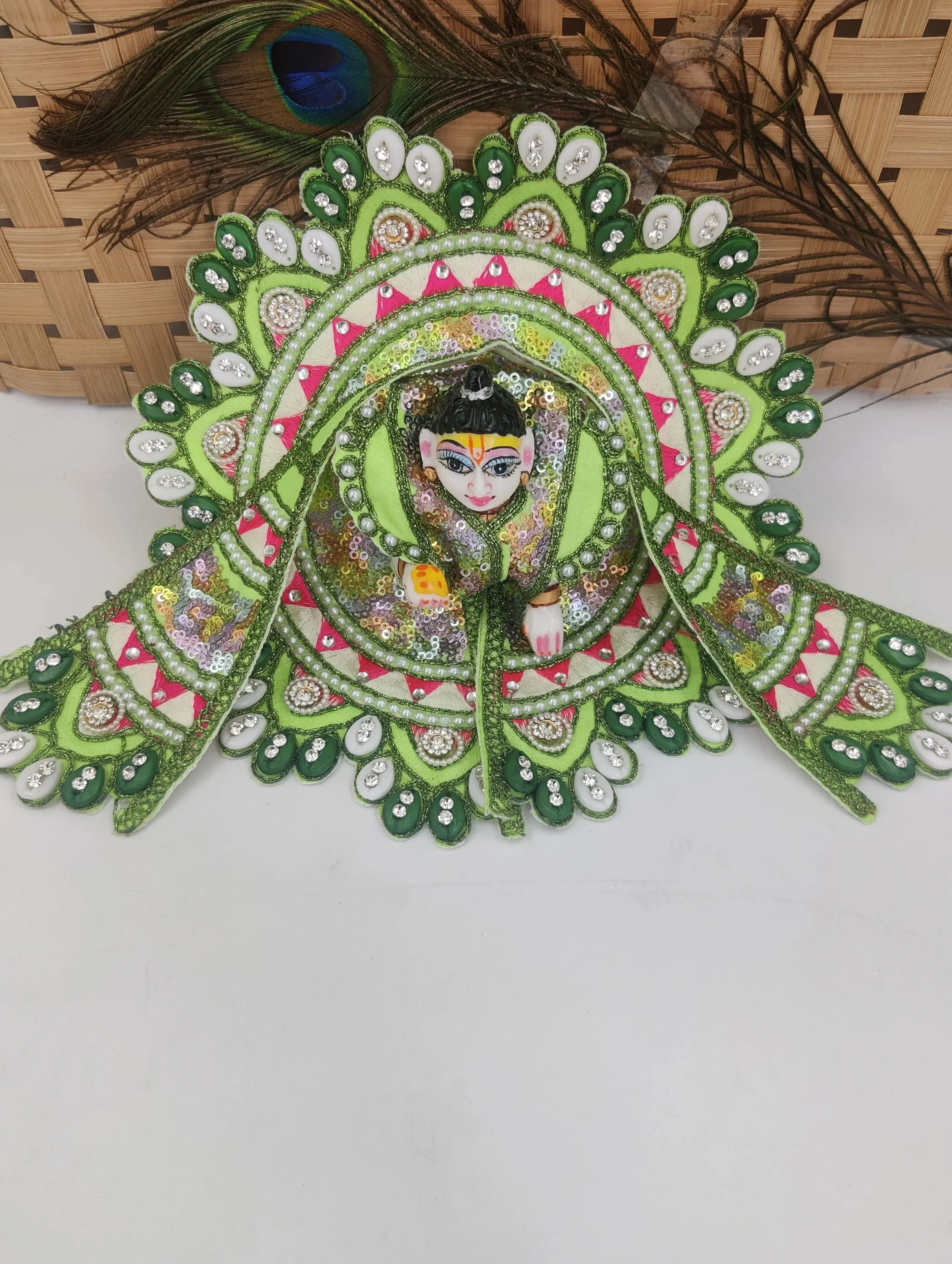 Multi kodhi design embroidery green laddu gopal dress