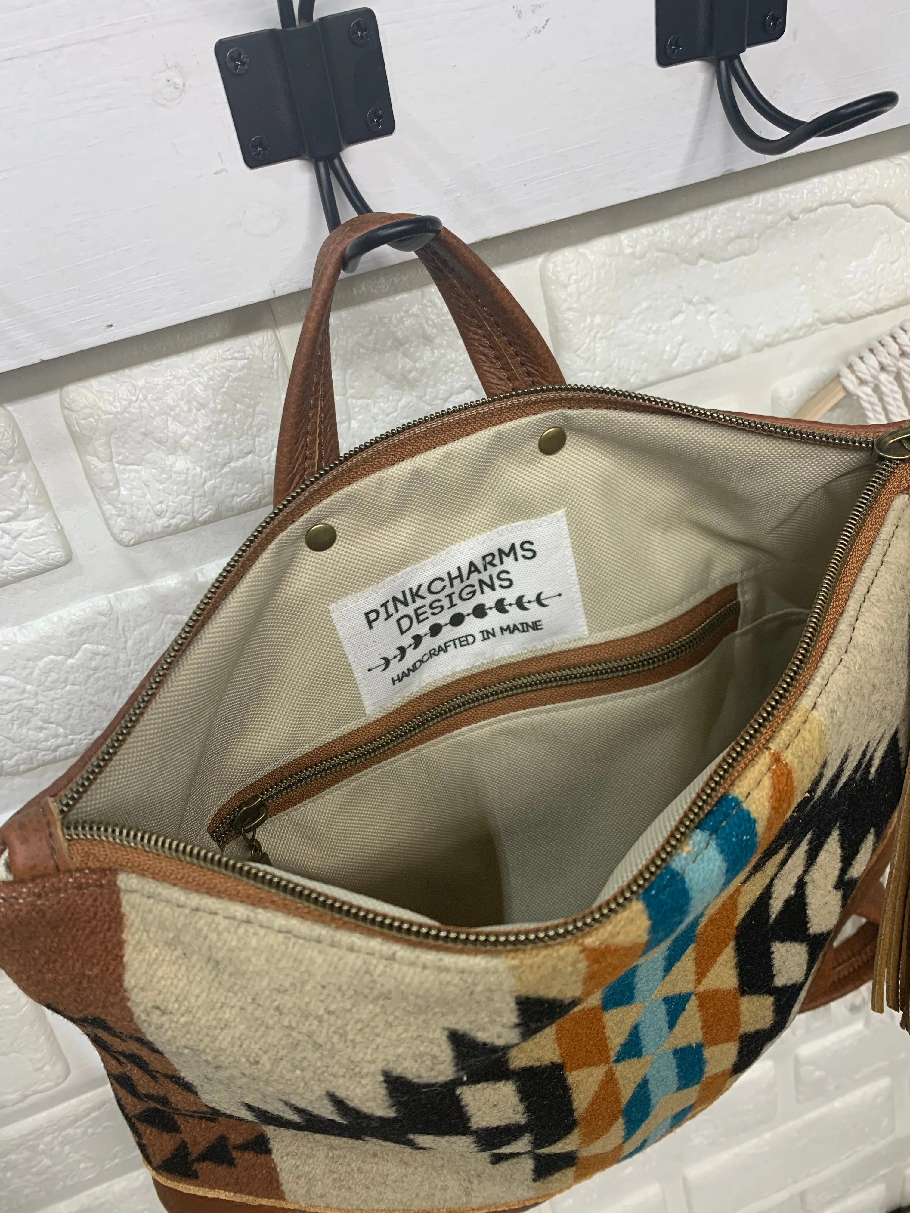 Pearl Backpack wool and spice brown genuine leather, Rancho Arroyo wool