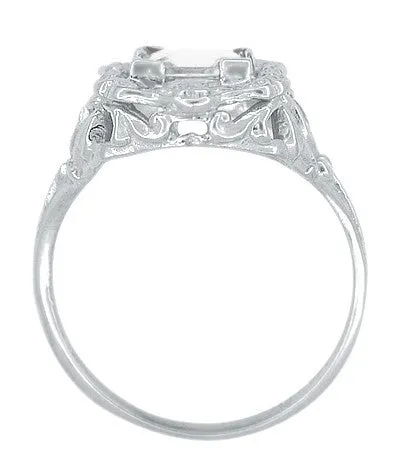 Princess Cut White Topaz Art Nouveau Ring in 14 Karat White Gold - Vintage 1910 Floral Design