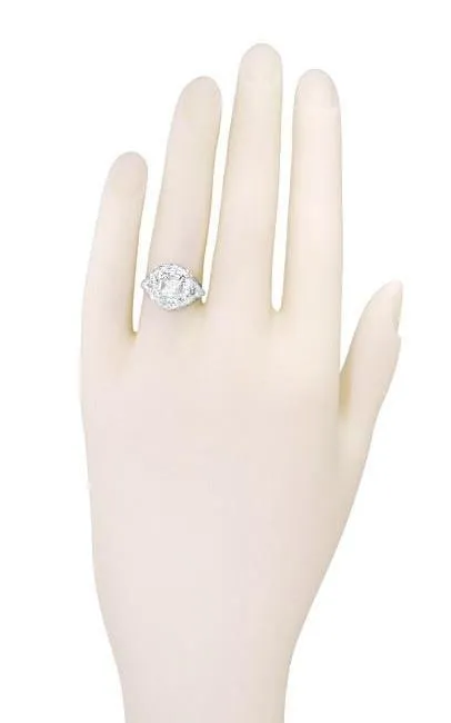 Princess Cut White Topaz Art Nouveau Ring in 14 Karat White Gold - Vintage 1910 Floral Design