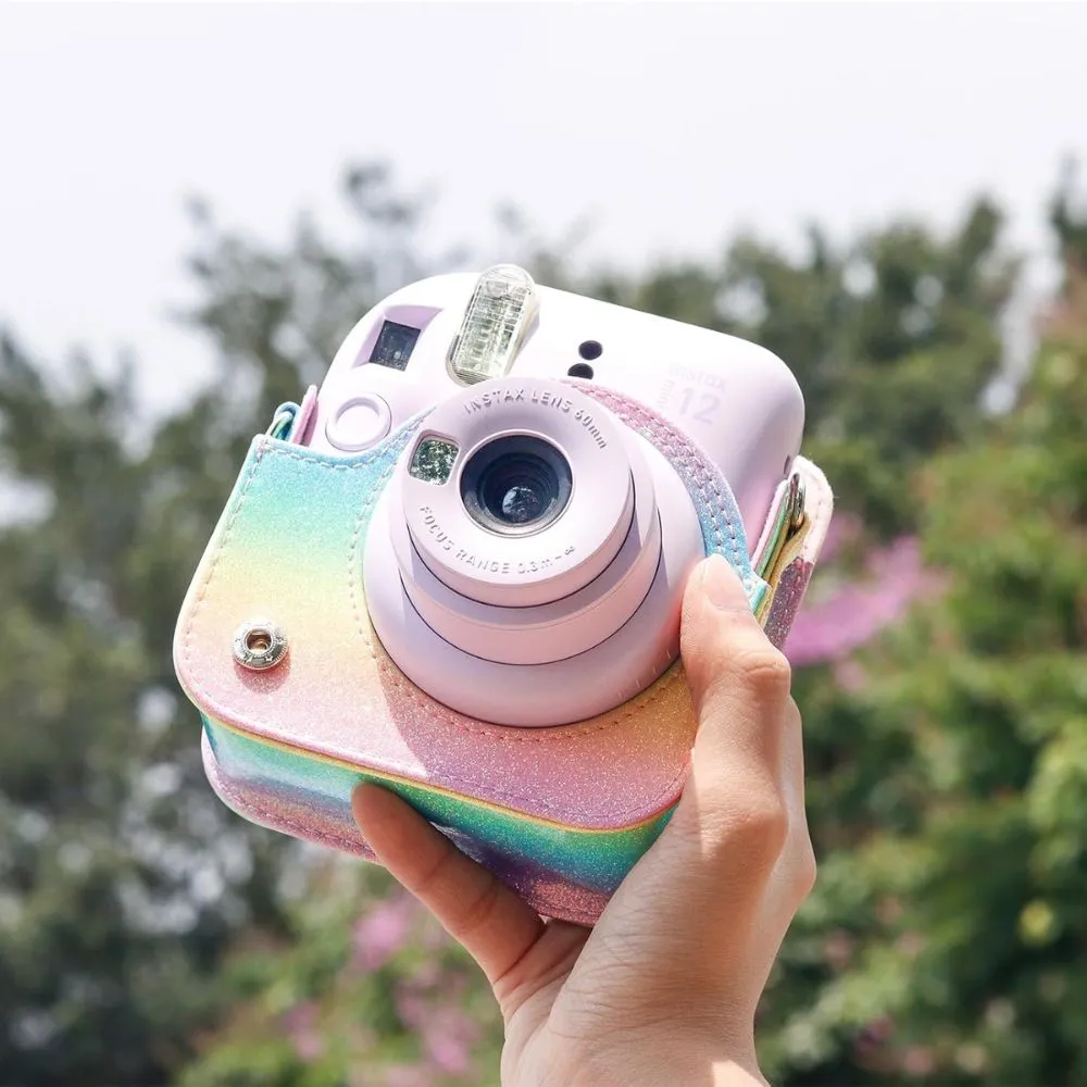 Protective Camera Case for Fujifilm Instax Mini 12 Instant Camera PU Leather Glitter Gradient Style Camera Bag with Shoulder Strap- Blue&Green