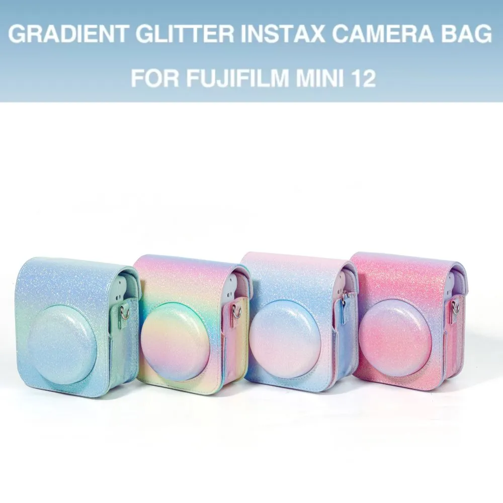 Protective Camera Case for Fujifilm Instax Mini 12 Instant Camera PU Leather Glitter Gradient Style Camera Bag with Shoulder Strap- Blue&Green