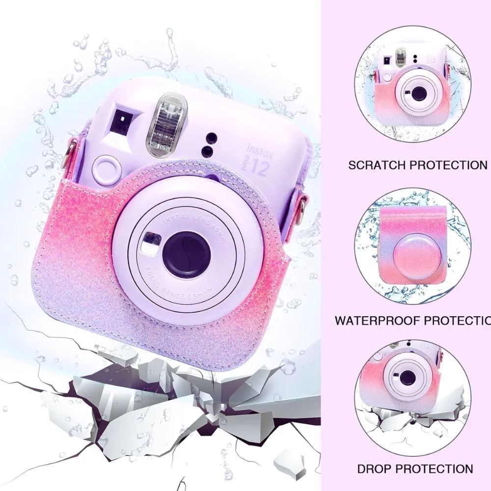 Protective Camera Case for Fujifilm Instax Mini 12 Instant Camera PU Leather Glitter Gradient Style Camera Bag with Shoulder Strap- Blue&Green
