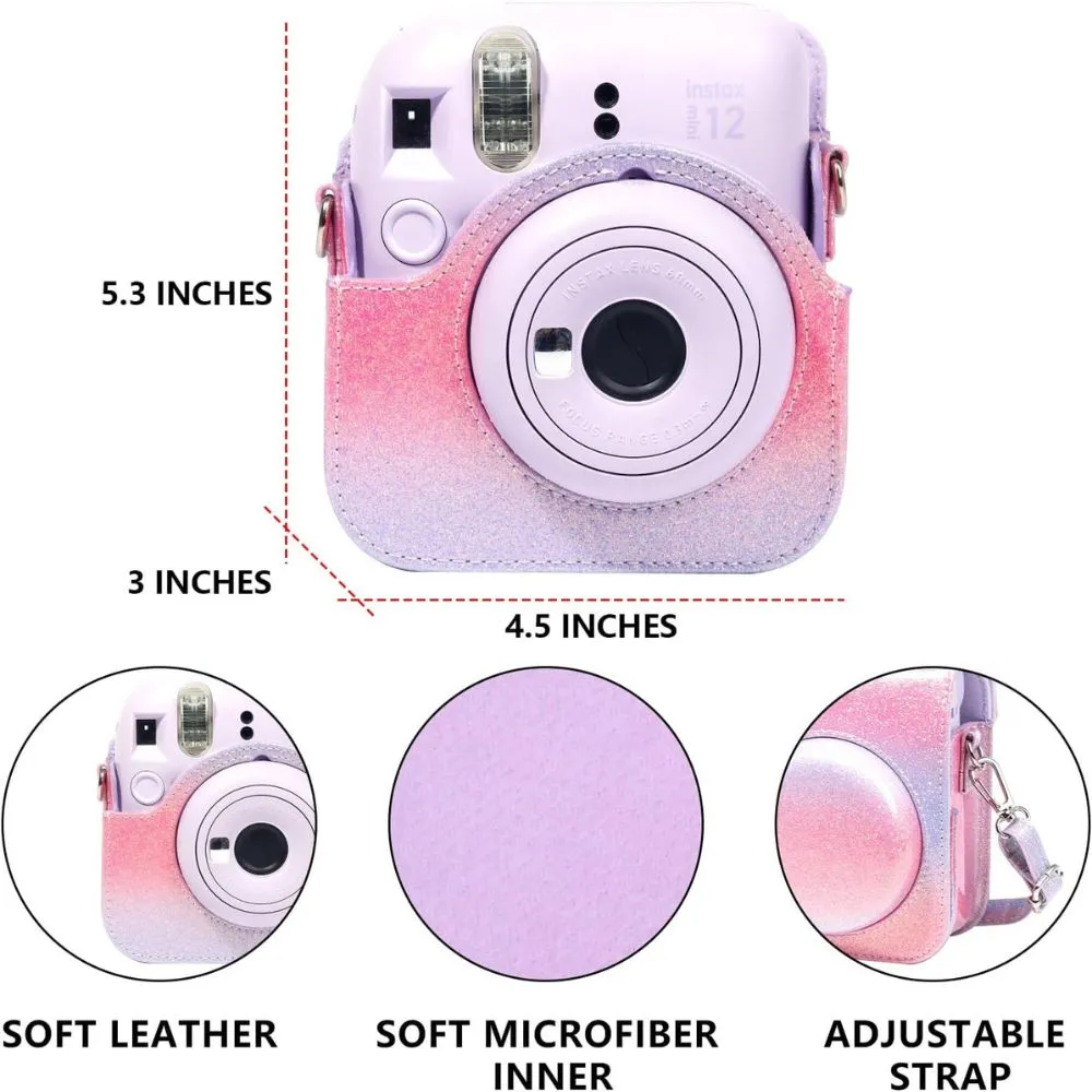 Protective Camera Case for Fujifilm Instax Mini 12 Instant Camera PU Leather Glitter Gradient Style Camera Bag with Shoulder Strap- Blue&Green