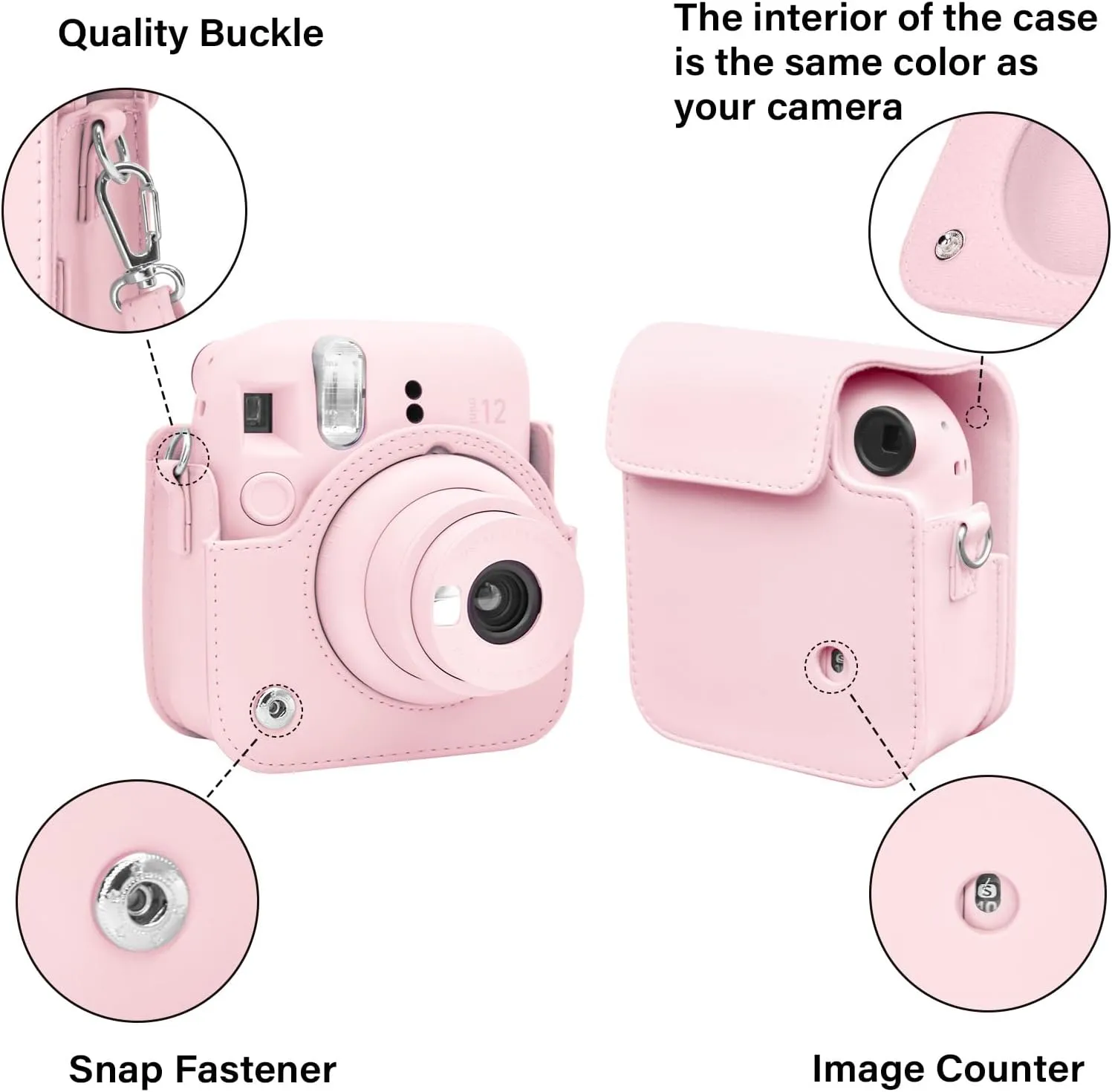 PU Leather Camera Case for Fujifilm Instax Mini 12 Instant Camera ,Protective Camera Cover with Adjustable Shoulder Strap - Blossom Pink