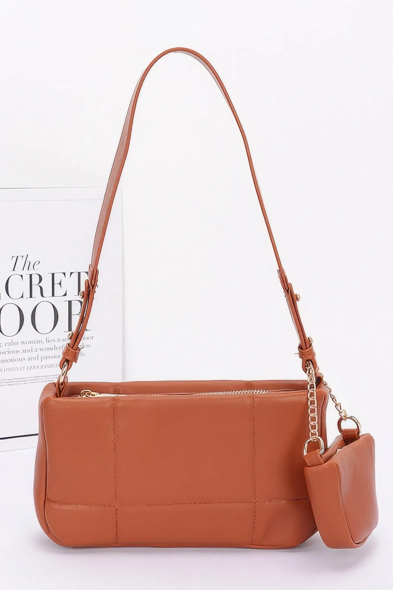 Quilted Faux Leather Shoulder Bag W/ Airpod Bag