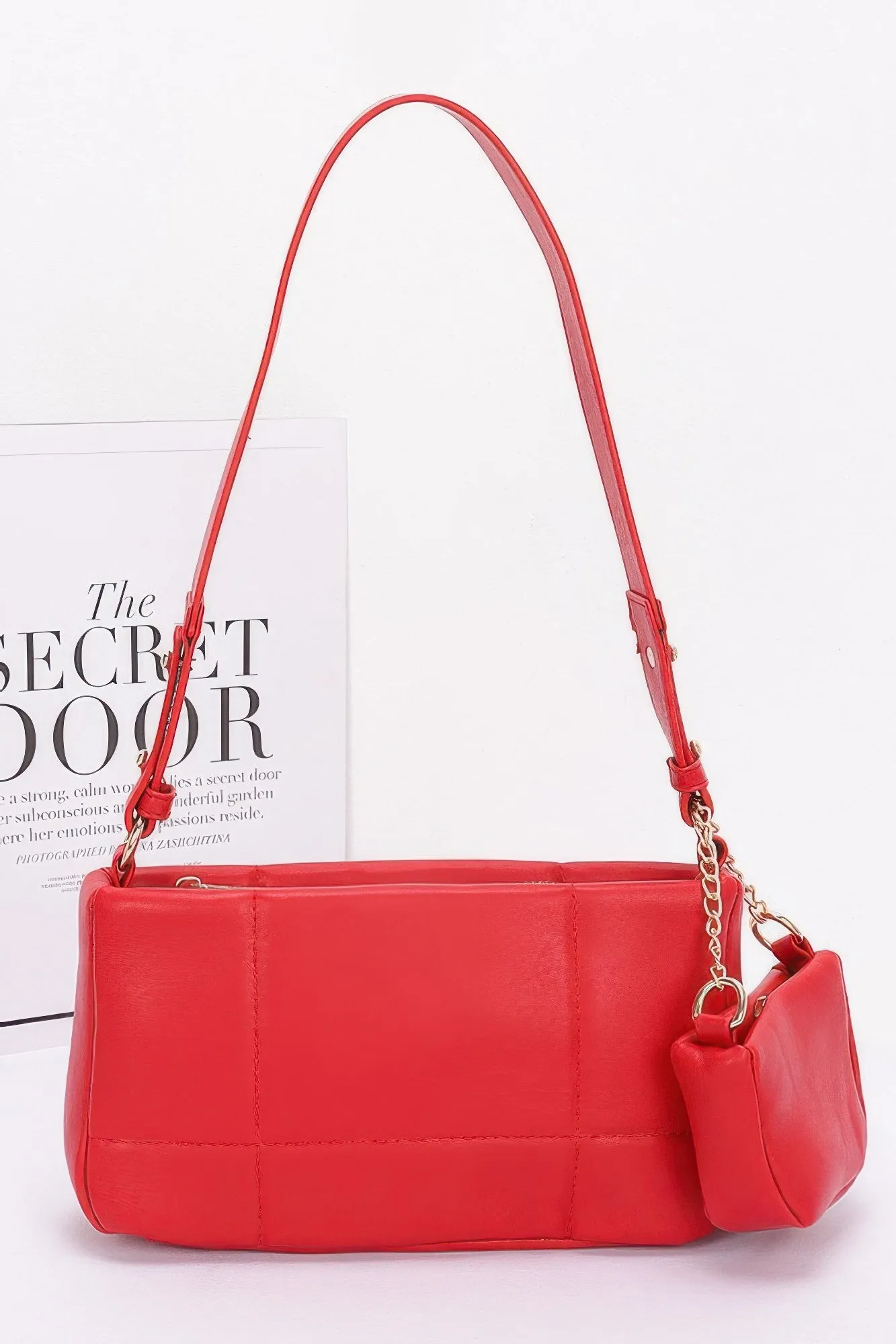 Quilted Faux Leather Shoulder Bag W/ Airpod Bag