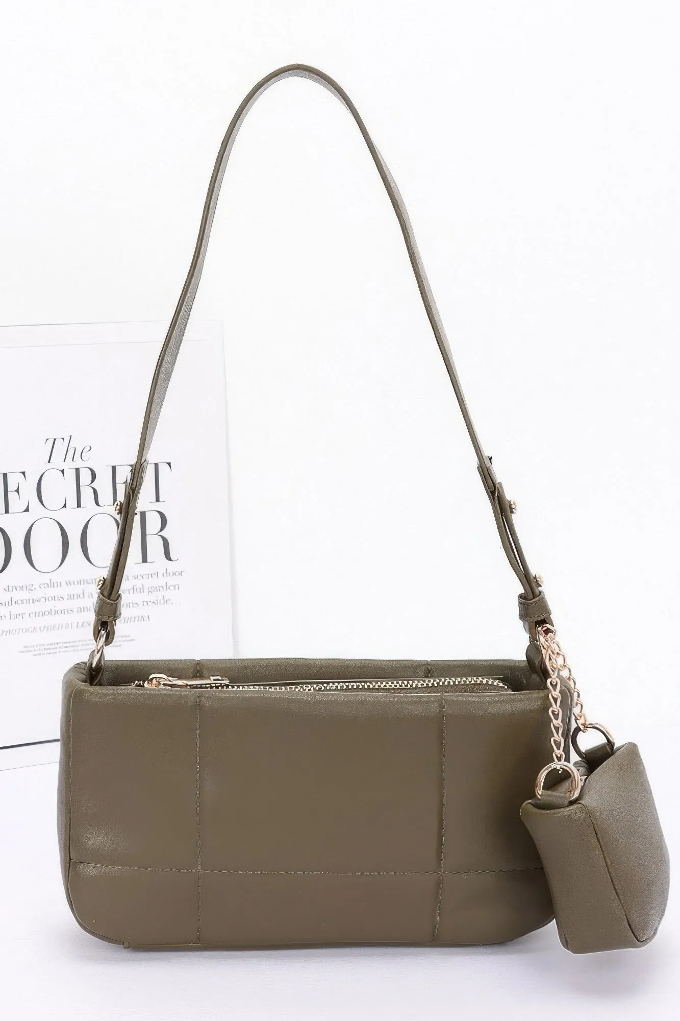 Quilted Faux Leather Shoulder Bag W/ Airpod Bag