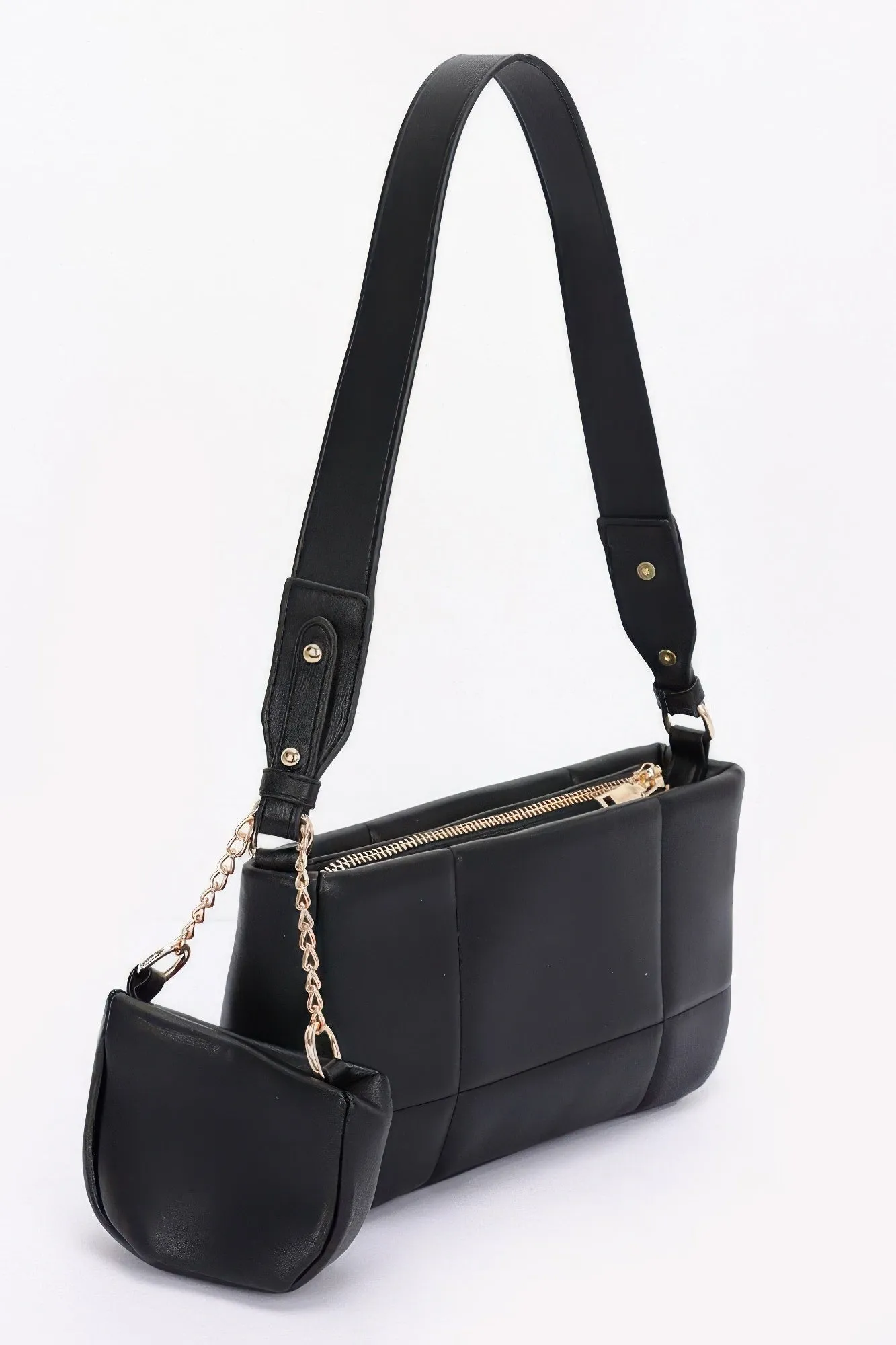 Quilted Faux Leather Shoulder Bag W/ Airpod Bag