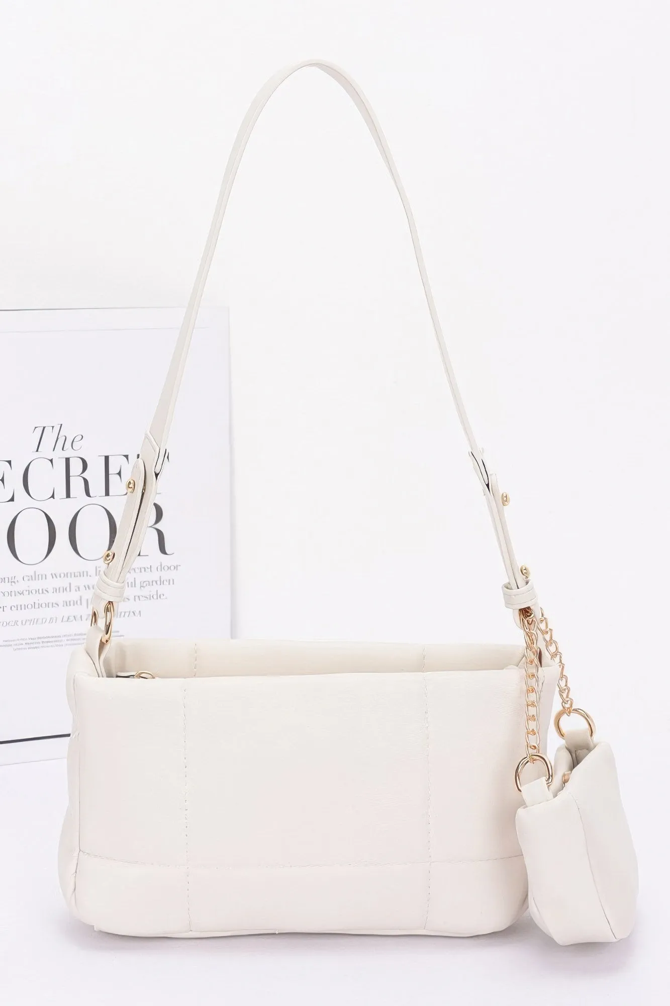 Quilted Faux Leather Shoulder Bag W/ Airpod Bag