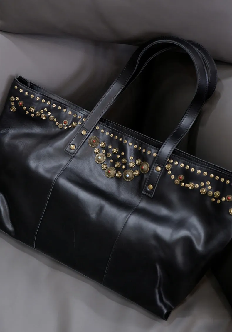 Rivet Studded Womens Genuine Leather Tote Bag Leather Shoulder Bags For Ladies