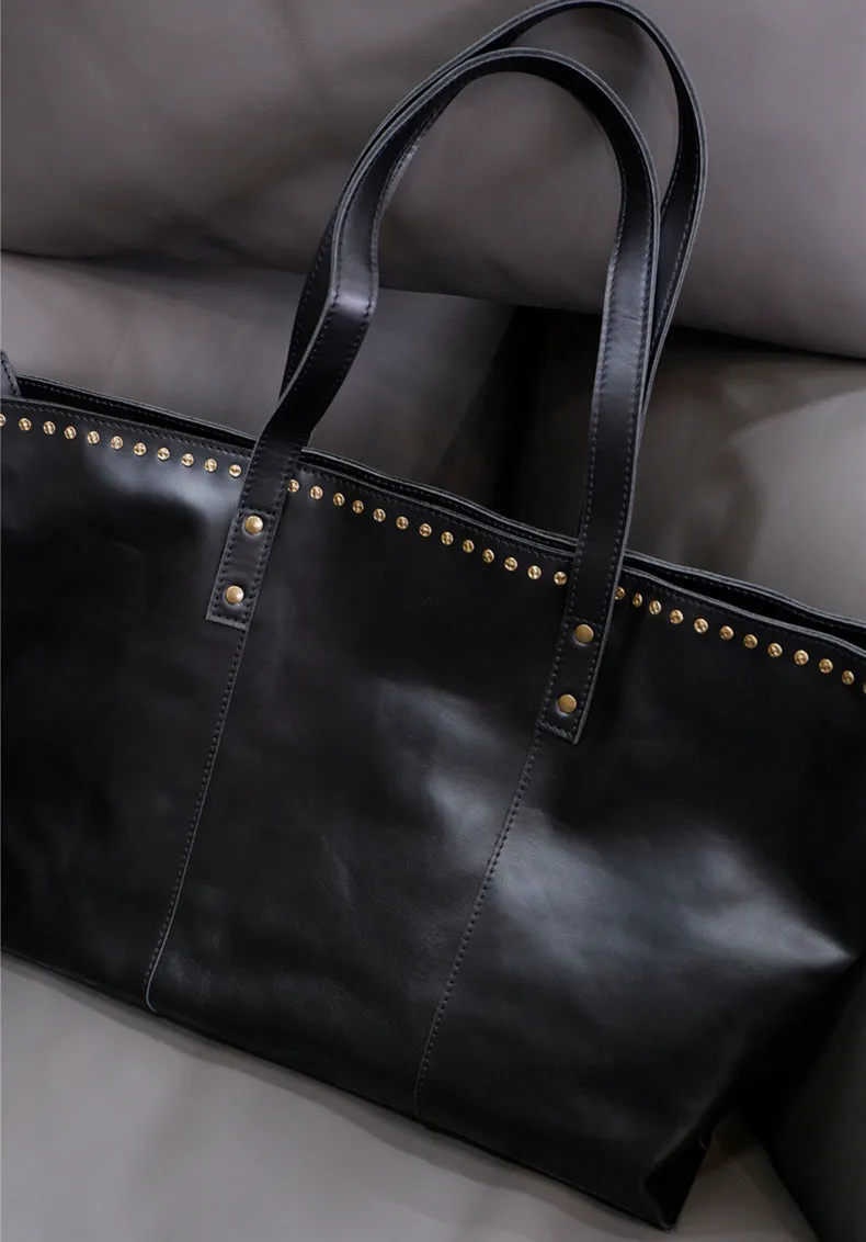 Rivet Studded Womens Genuine Leather Tote Bag Leather Shoulder Bags For Ladies