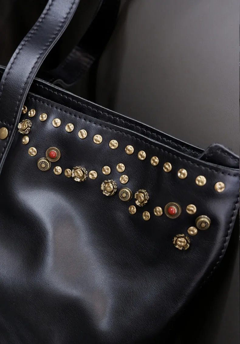 Rivet Studded Womens Genuine Leather Tote Bag Leather Shoulder Bags For Ladies