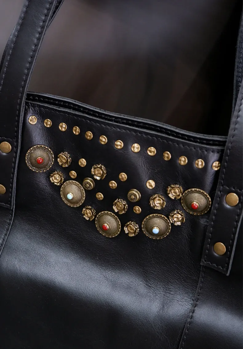 Rivet Studded Womens Genuine Leather Tote Bag Leather Shoulder Bags For Ladies